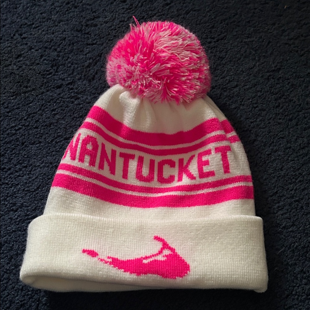 Nantucket Pom-Pom Winter  Beanie Pink & White, Women's NWOT,OS